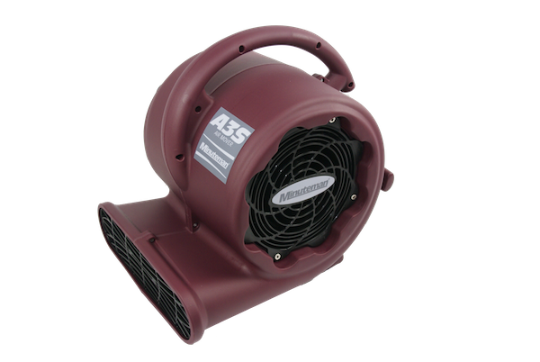 Minuteman A3S air mover in burgundy with carry handle and low-profile outlet, front three-quarter view
