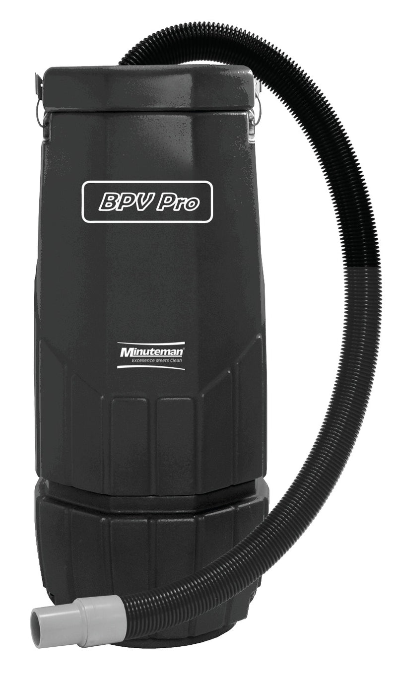 Minuteman BPV Pro backpack vacuum canister with its attached hose, front view