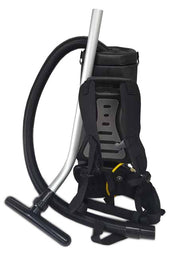 Minuteman BPV Pro rear view with padded back pad, shoulder harness and waist belt, shown with an optional aluminum wand and floor tool (not included)
