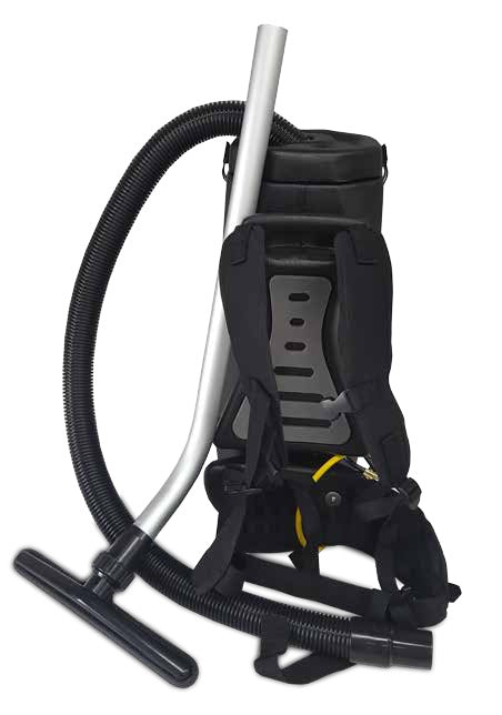 Minuteman BPV Pro rear view with padded back pad, shoulder harness and waist belt, shown with an optional aluminum wand and floor tool (not included)
