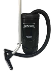 Minuteman BPV Pro backpack vacuum with hose, shown with an optional aluminum wand and floor tool (not included)