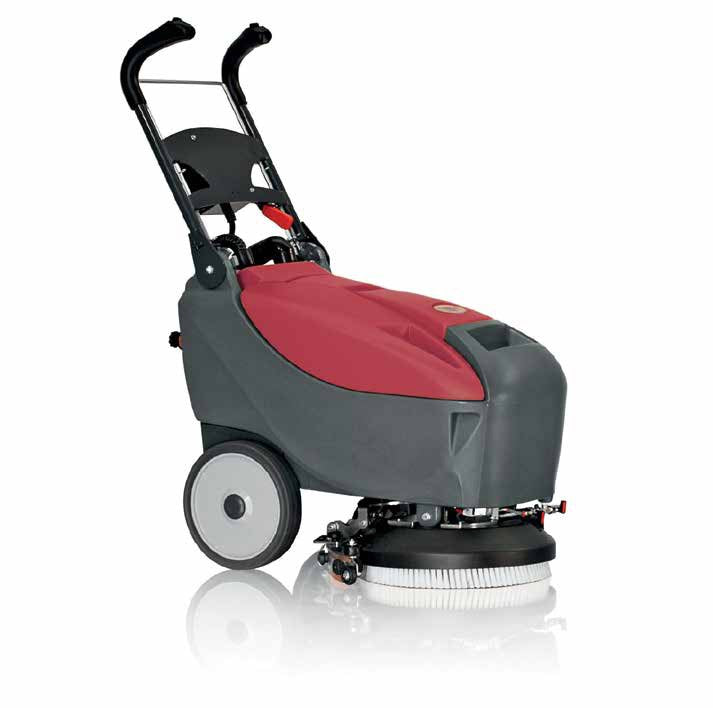 Minuteman E14 corded compact floor scrubber, front three-quarter view with its disc brush