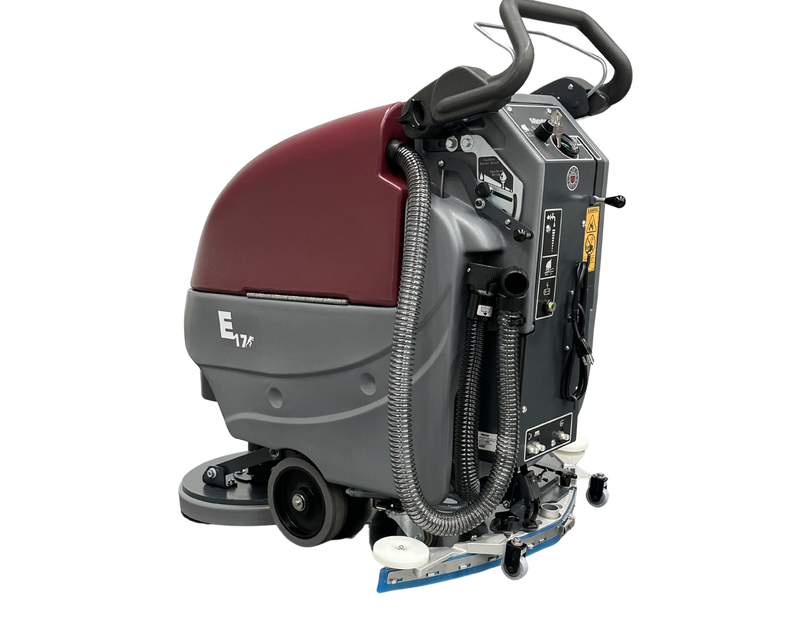 Minuteman E17 rear three-quarter view with control panel, hoses and curved squeegee