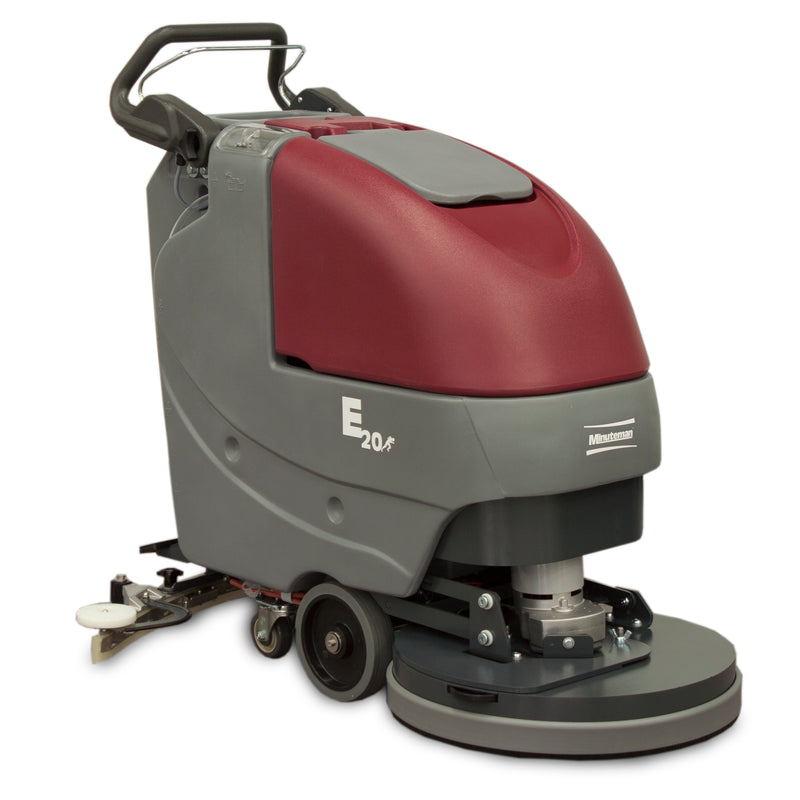 Minuteman E20 20-inch disc walk-behind floor scrubber, front right three-quarter view on white