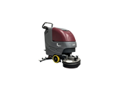 Minuteman E26 ECO walk-behind scrubber with offset twin-disc deck and yellow drive wheel