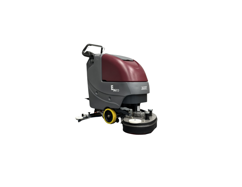 Minuteman E26 ECO walk-behind scrubber with offset twin-disc deck and yellow drive wheel