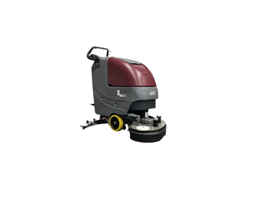 Minuteman E26 ECO walk-behind scrubber with offset twin-disc deck and yellow drive wheel