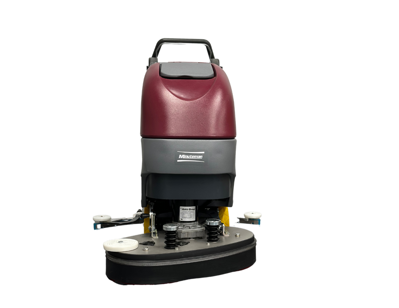 Minuteman E26 ECO front view of the offset twin-disc deck, bumper rollers and squeegee