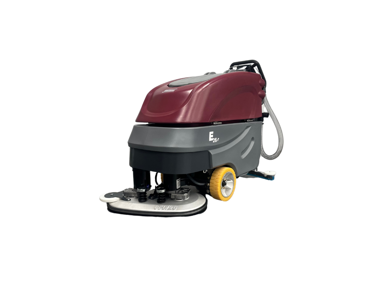 Minuteman E26 walk-behind disc scrubber with twin brush deck and yellow drive wheel