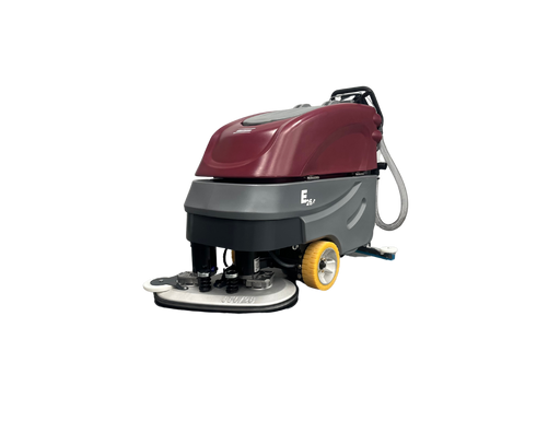 Minuteman E26 walk-behind disc scrubber with twin brush deck and yellow drive wheel