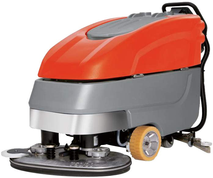 Minuteman E3330 walk-behind disc scrubber with twin brush deck, three-quarter view