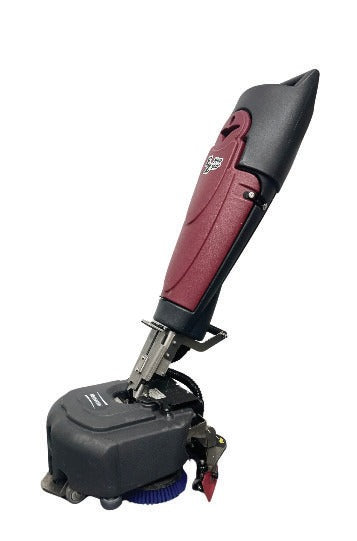 Minuteman EZ Mop 360 micro floor scrubber with maroon handle and compact scrub head, three quarter view