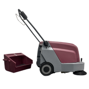 Minuteman Kleen Sweep 25W sweeper with debris hopper removed beside it, on white