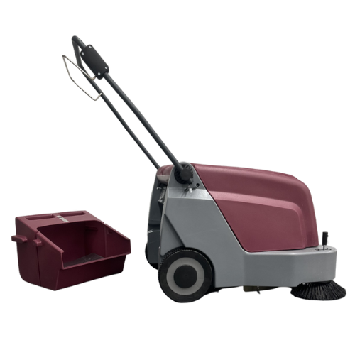 Minuteman Kleen Sweep 25W sweeper with debris hopper removed beside it, on white