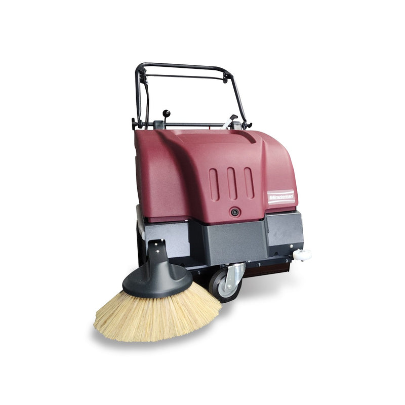 Minuteman Kleen Sweep 28 walk-behind sweeper with side broom, front three-quarter view on white