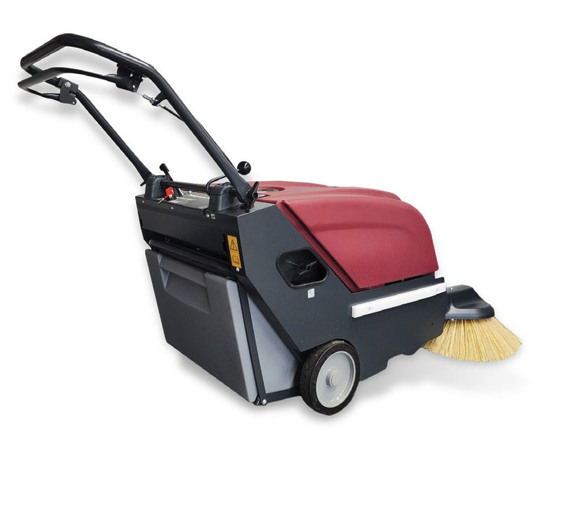 Minuteman Kleen Sweep 28 sweeper rear three-quarter view showing handle and hopper