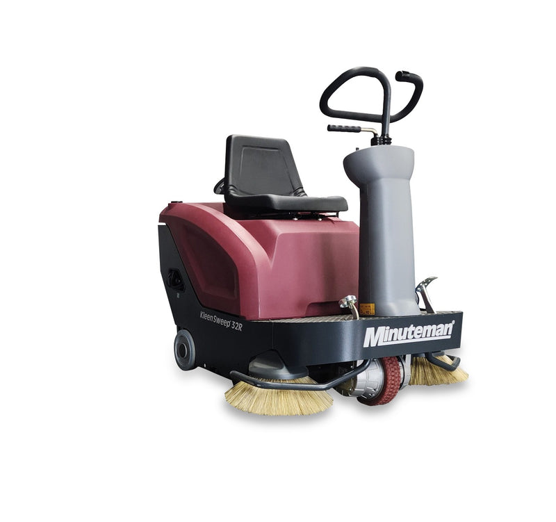 Minuteman Kleen Sweep 32R rider sweeper, front three-quarter view, shown with the optional left-hand side broom (not included)