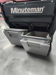 Minuteman Kleen Sweep 32R twin debris hoppers pulled out from the rear