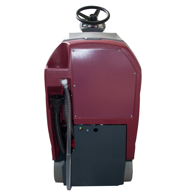 Minuteman Max Ride 20 rider scrubber, straight rear view with drain hose on white