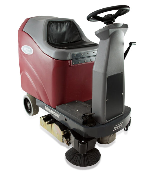 Minuteman Max Ride 20 Vacuum Sweeper rider with side broom, front three-quarter view on white