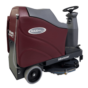 Minuteman Max Ride 26 rider floor scrubber, right side view, shown with optional disc brushes (not included; ships with two 13" pad drivers)