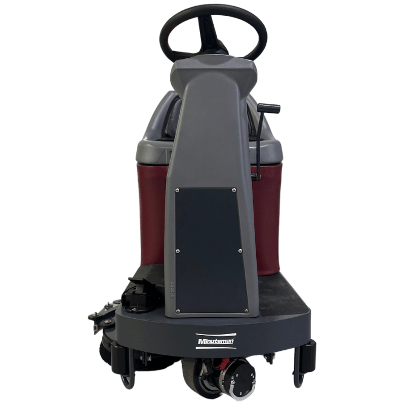 Minuteman Max Ride 26 rider scrubber, straight front view of steering column on white