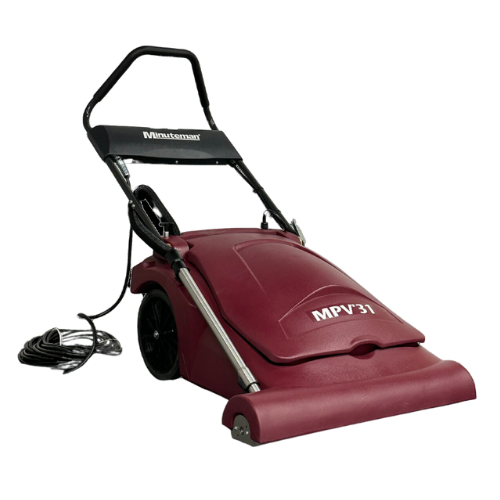 Minuteman MPV-31 wide-area carpet vacuum front three-quarter view with power cord on white