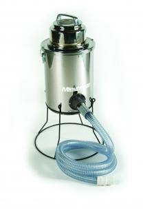 Minuteman MRS 6 mercury recovery vacuum, 6 gal stainless steel canister with clear hose, shown on the optional tank stand
