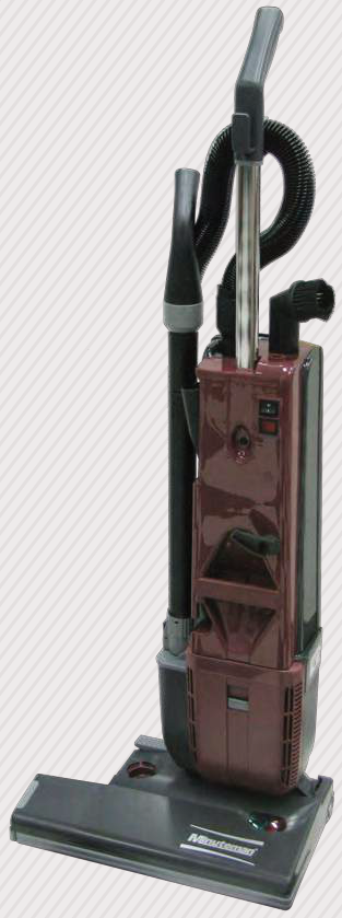 Minuteman Phenom 18 dual-motor upright vacuum with suction hose, telescoping wand and crevice tool on board