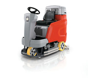 Minuteman Scrubmaster B120 R ride-on floor scrubber with red tanks, gray console and yellow wheels, left front three quarter view