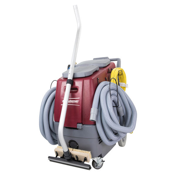 Minuteman Total Restroom System front angle, loaded with vacuum hoses, cord and swivel wand with squeegee/brush head