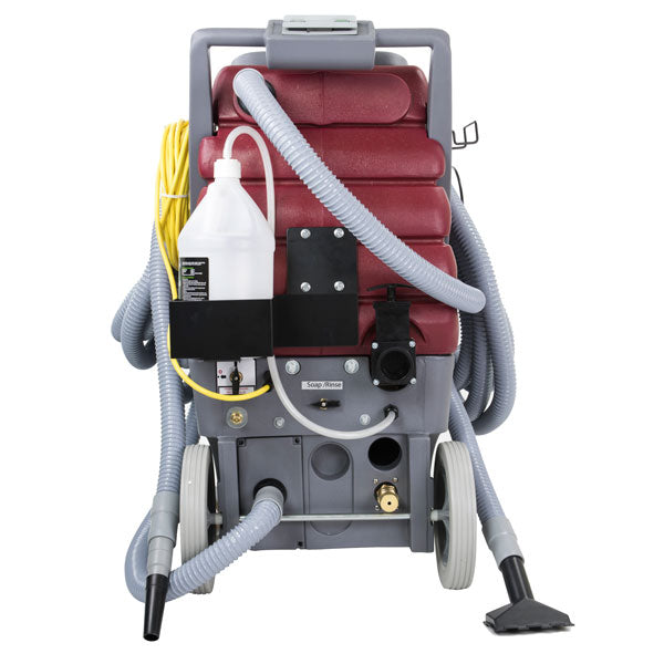 Minuteman Total Restroom System rear view loaded with vacuum hoses and floor tool (chemical jug sold separately)