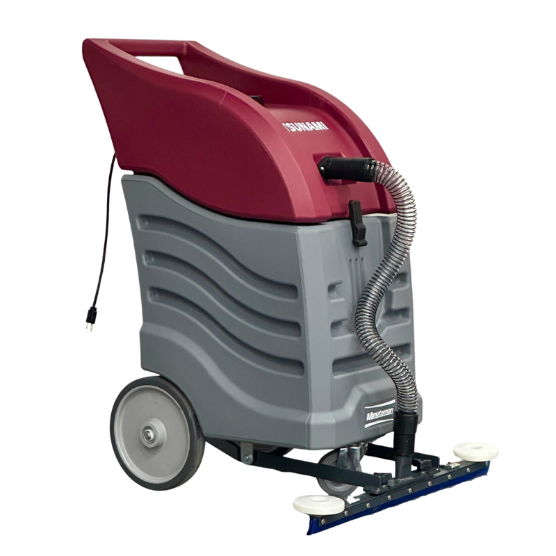 Minuteman Tsunami 16-gallon wet vac with front squeegee and hose, close front three-quarter view