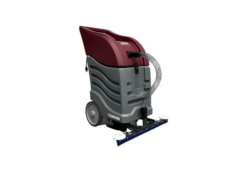 Minuteman Tsunami wet vac, front three-quarter view with the squeegee and recovery hose, on white