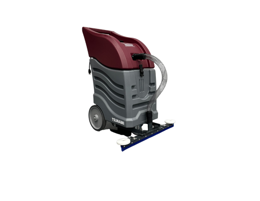 Minuteman Tsunami wet vac, front three-quarter view with the squeegee and recovery hose, on white