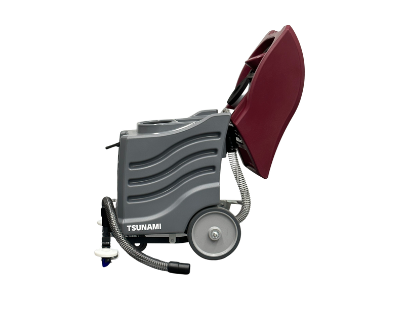 Minuteman Tsunami wet vac side view with the hood lifted to show the tank