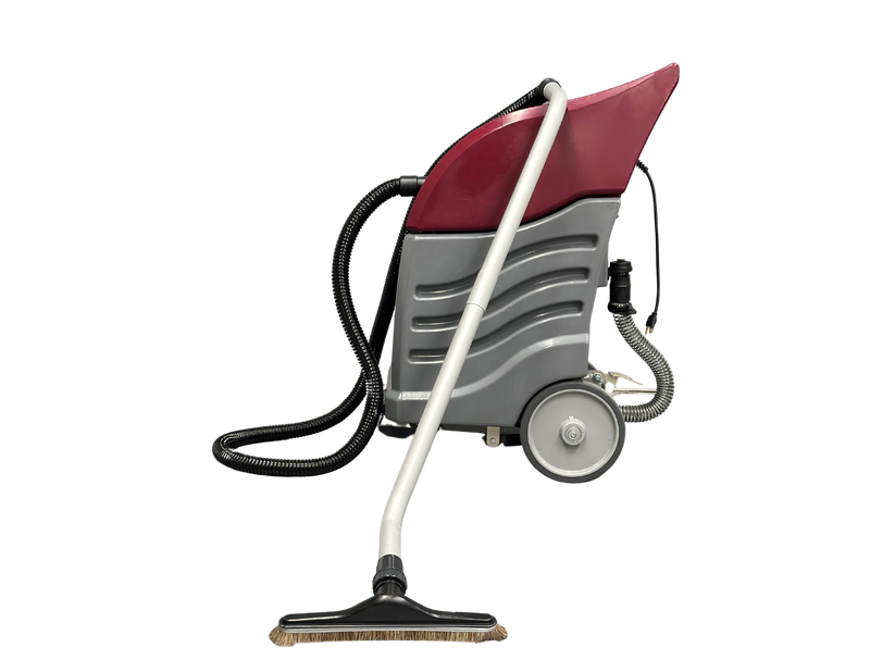 Minuteman Tsunami wet/dry vac (T16WD) side view with hose, wand and floor brush on white
