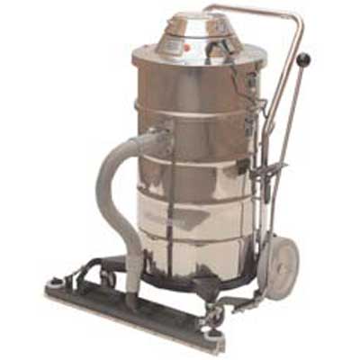 Minuteman X-380 Hospital Vacuum, 15 gal stainless steel tank with dome lid, shown with an optional front-mount squeegee and hose that are not included