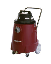 Minuteman X-839 15 gal maroon polyethylene vacuum with black lid and Minuteman logo, side intake, push handle, rear wheels and front casters