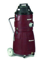 Minuteman X-839 15 gal maroon two-piece polyethylene wet/dry vacuum with black lid and Minuteman logo, side intake, push handle and drain valve