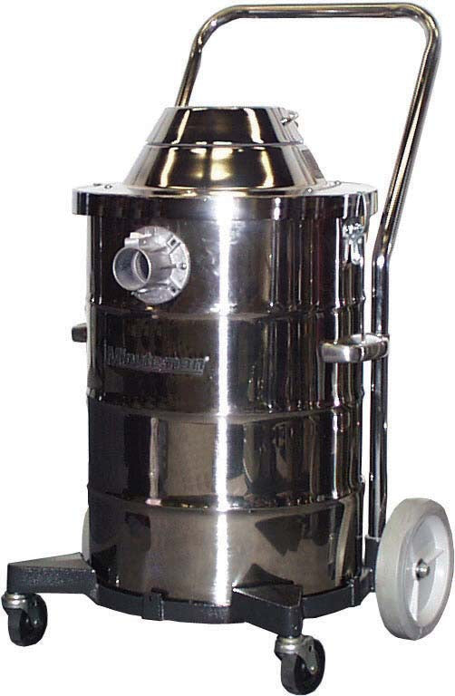 Minuteman X-839 15 gal stainless steel static-conductive vacuum on casters and wheels with chrome push handle