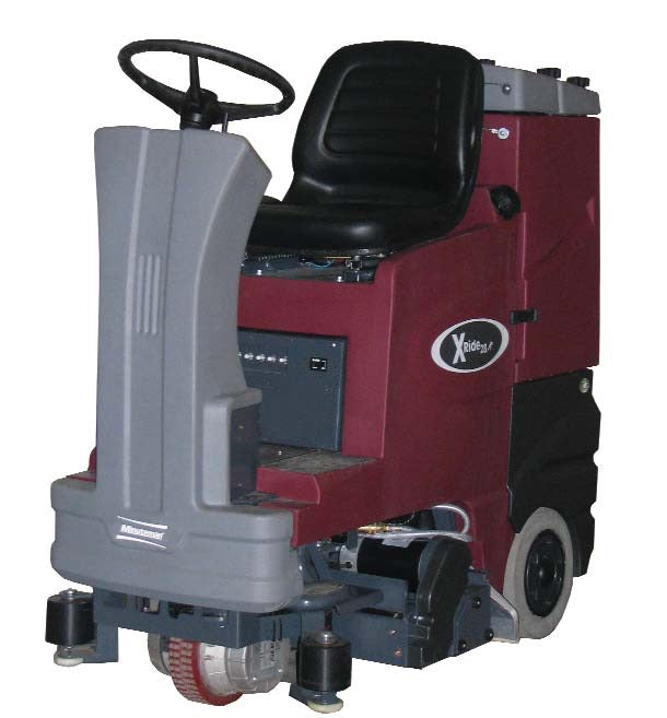 Minuteman XRide 28 ride-on carpet extractor, front three-quarter view on white