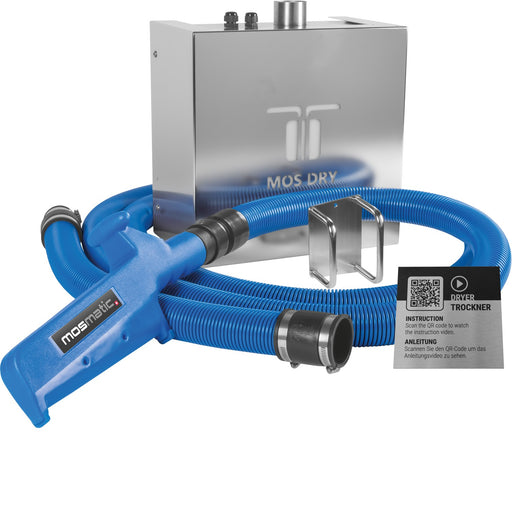 Mosmatic Dry dryer unit with blue air hose, air gun, gun holder and QR instruction sign