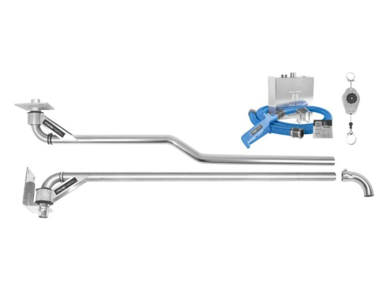 Mosmatic Dry package parts: ceiling air boom at top, wall air boom at bottom, dryer, hose, air gun and pulley