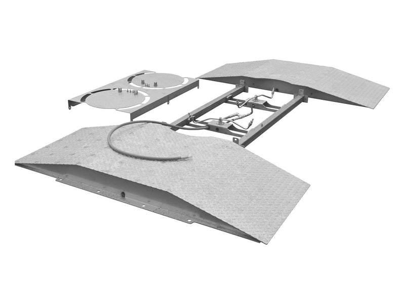 Mosmatic TUWr undercarriage cleaner ramp base with two ramps, rotor frame and lifted cover plate