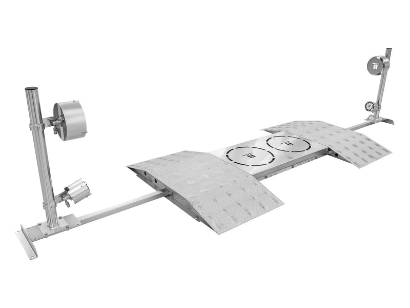 Mosmatic TUWr undercarriage cleaner set-up with drive-over ramps, rotor plate and Wheelblaster stands