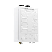 Back panel of the tankless water heater with its stamped mounting features and the connections along the bottom