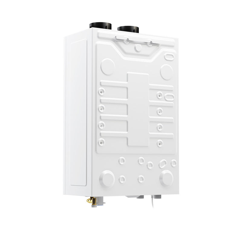Back panel of the tankless water heater with its stamped mounting features and the connections along the bottom