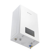Underside of the tankless water heater showing the gas, water and condensate connections below the display