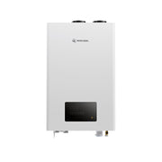 MRCOOL tankless water heater, front view of the white cabinet with dark display panel and the vent collars on top